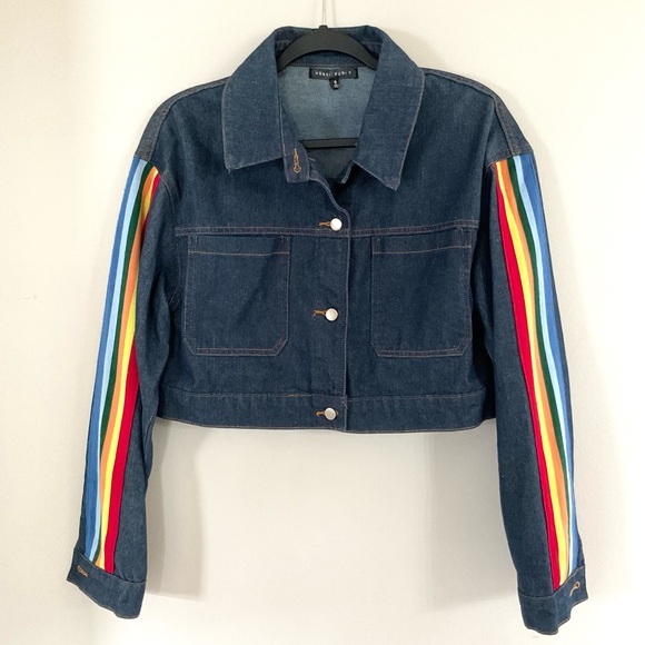 Honey Punch Cropped Denim Jacket with Rainbow Stripe Pride Detail Size S - Picture 4 of 12